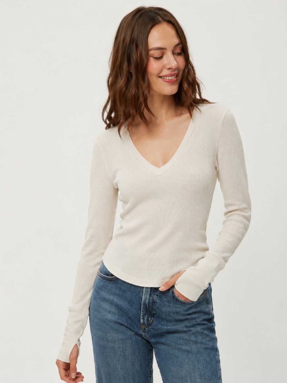 Michael Stars Waffle Knit Thermal Top Thumbhole V Neck Cozy Women Size M